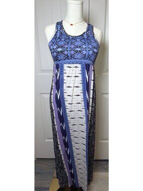 Patrons Of Peace Womens Boho Maxi Dress Blue Purple Patchwork Print Size S